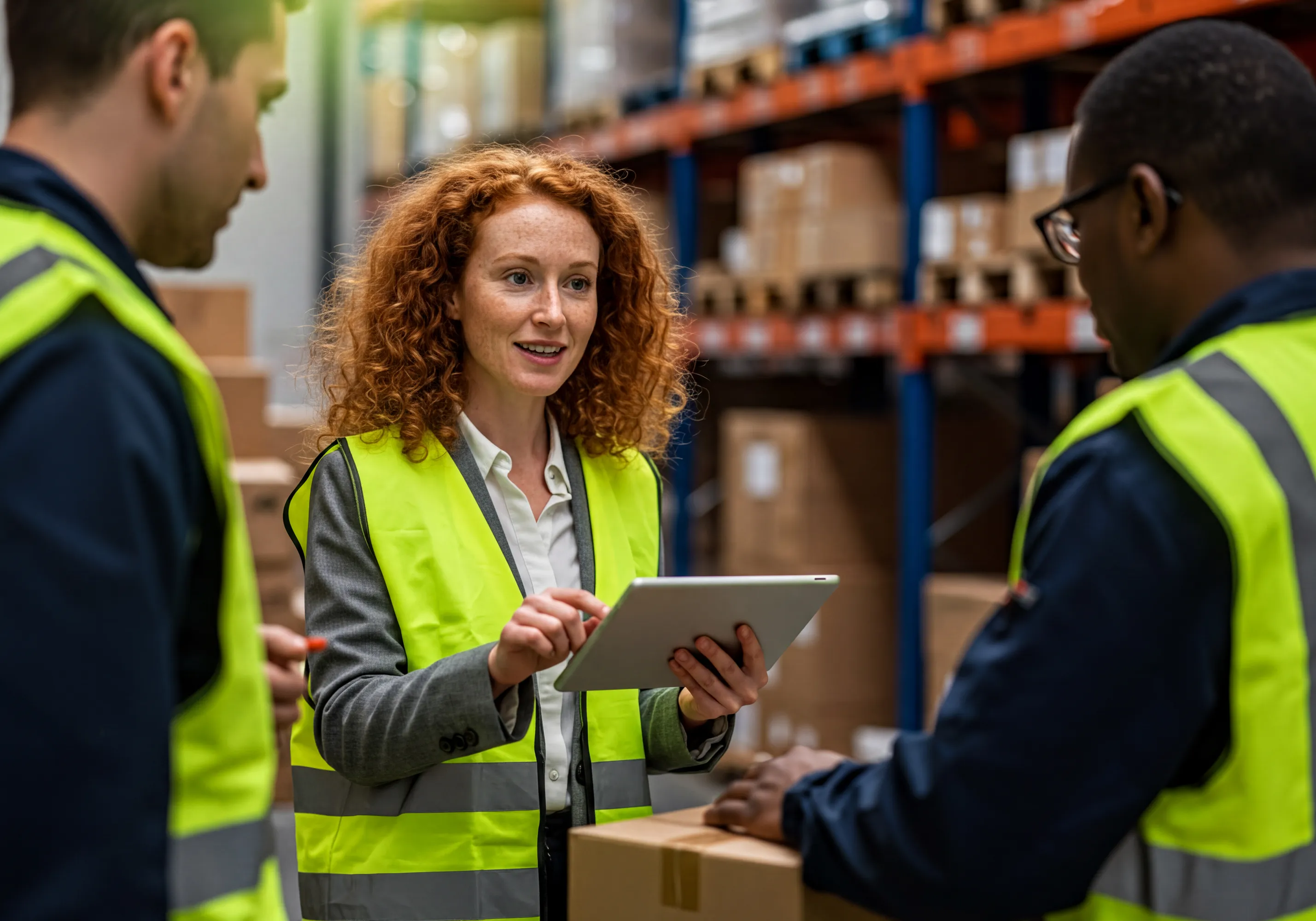 A woman with red curly hair, wearing a yellow high-visibility vest and grey blazer, holds a tablet and speaks to two male warehouse workers, also in high-vis vests, within an aisle of tall shelves filled with cardboard boxes. AI generated.
