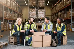 Engineer sitting together in warehouse