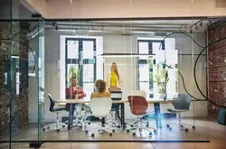 Female and male are sitting and female is standing at a table in a office meeting room